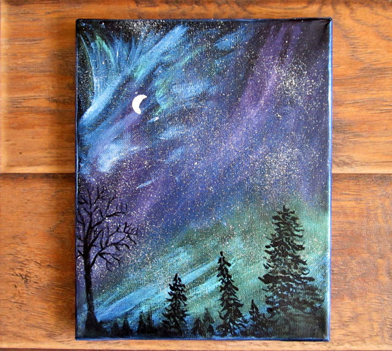 570x510 Magical Night Sky Painting Ii, Northern Lights, Aurora Idealpin - Aurora Borealis Acrylic Painting