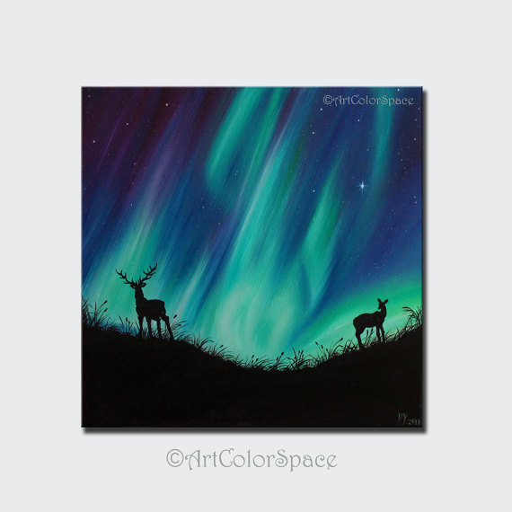 570x570 Northern Lights Deer Painting Valentines Decor Oil Painting - Aurora Borealis Acrylic Painting