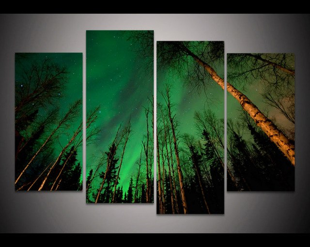 640x509 4 Pieces Canvas Art Print Aurora Borealis Tree Painting Home Decor - Aurora Borealis Painting