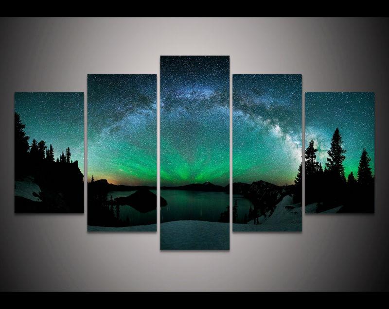 800x636 5 Piece Forest Aurora Borealis Canvas Painting Nature For Sale - Aurora Borealis Painting