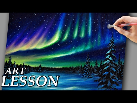 480x360 Acrylic Landscape Painting Lesson Northern Lights And Night - Aurora Borealis Painting