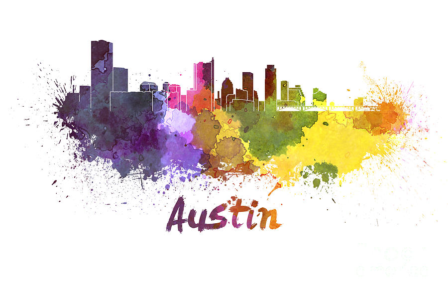 900x590 Austin Skyline In Watercolor Painting By Pablo Romero - Austin Skyline Painting