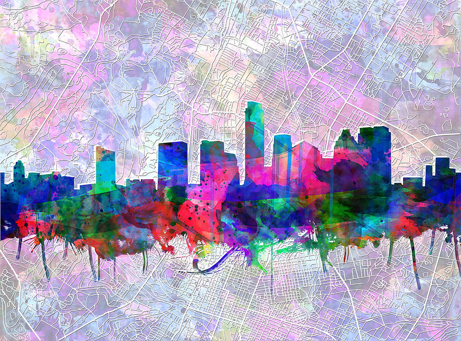 900x666 Austin Texas Skyline Watercolor 2 Painting By Bekim Art - Austin Skyline Painting