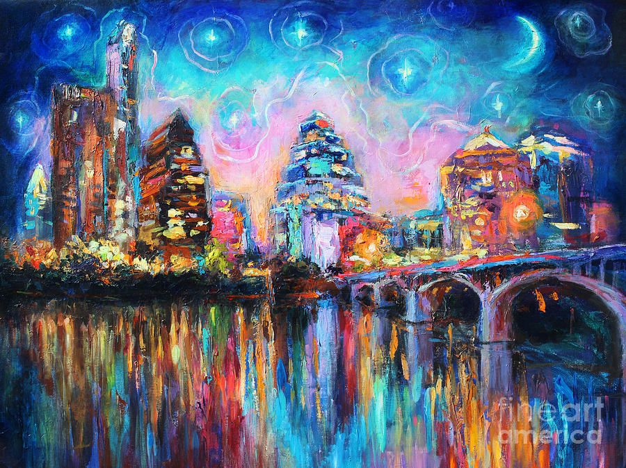 900x674 Impressionistic Austin City Skyline Painting Painting - Austin Skyline Painting