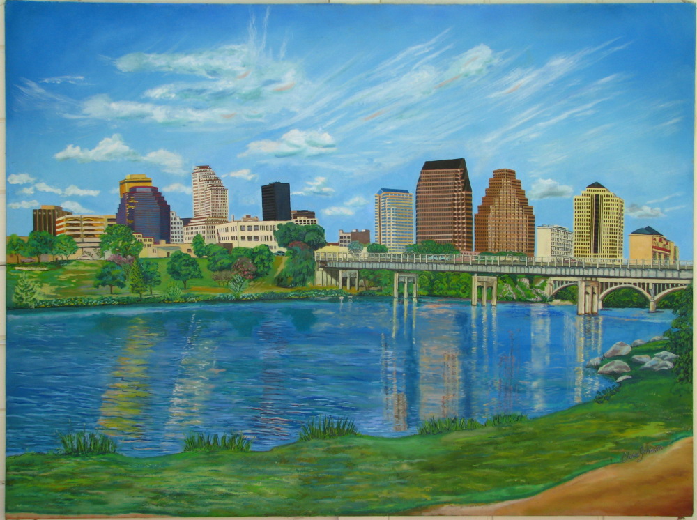 1000x746 Painting Collection Of Artist Christine Johnson - Austin Skyline Painting