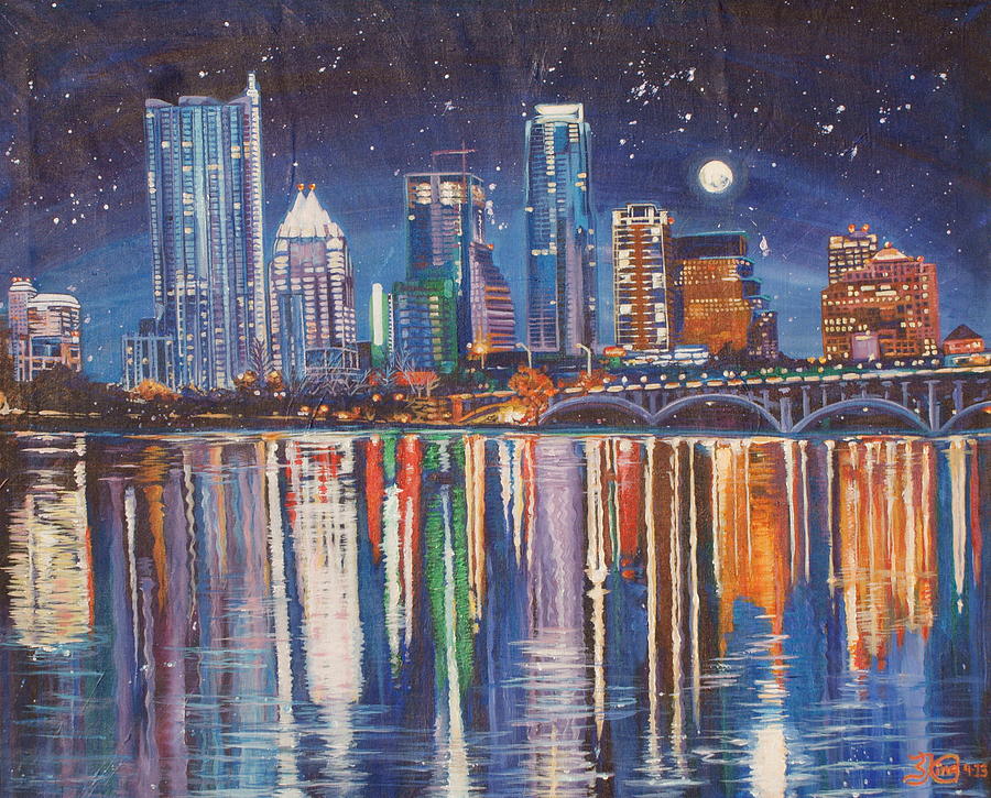 900x725 Reflecting Austin Painting By Suzanne King - Austin Skyline Painting