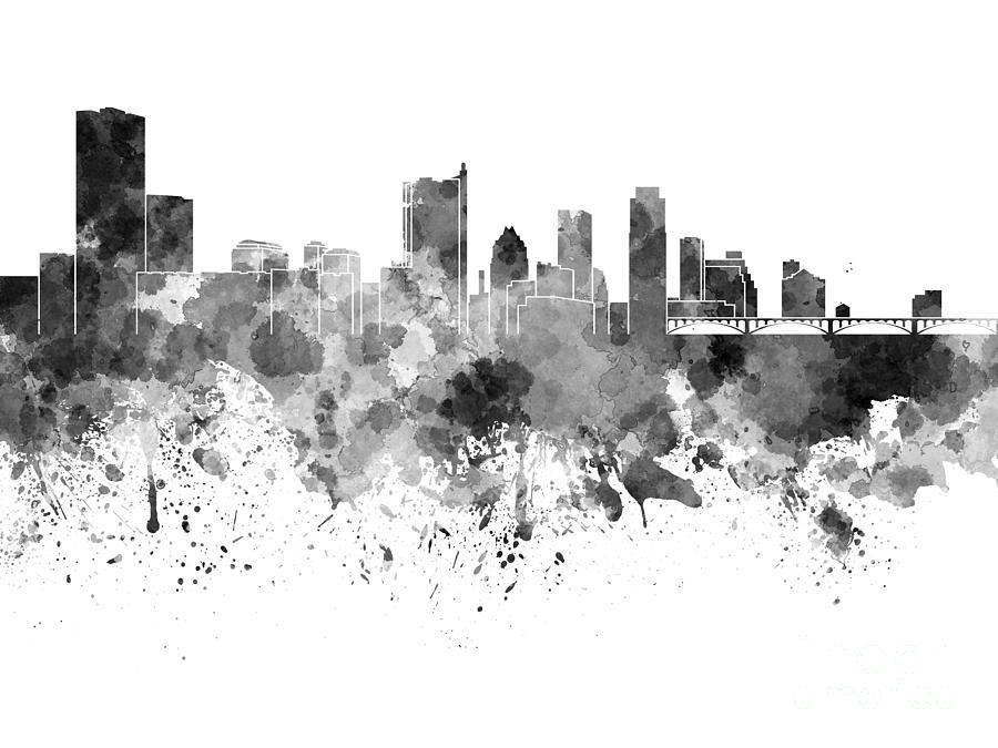 900x675 Austin Skyline In Black Watercolor On White Background Painting By - Austin Skyline Painting