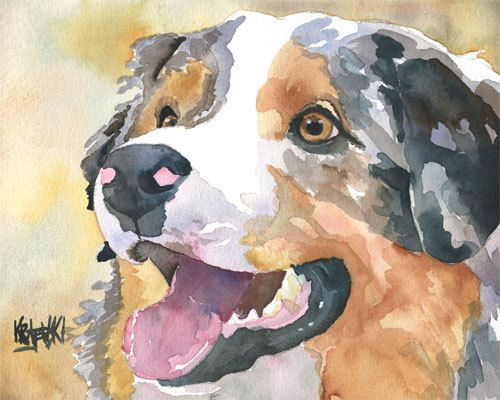 500x400 Australian Shepherd Art Print Of Original Watercolor Painting - Australian Shepherd Painting