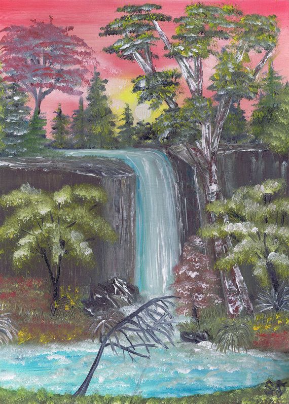 570x796 Bob Ross Style Original Painting Mountain Sunset Sunrise Waterfall - Authentic Bob Ross Painting
