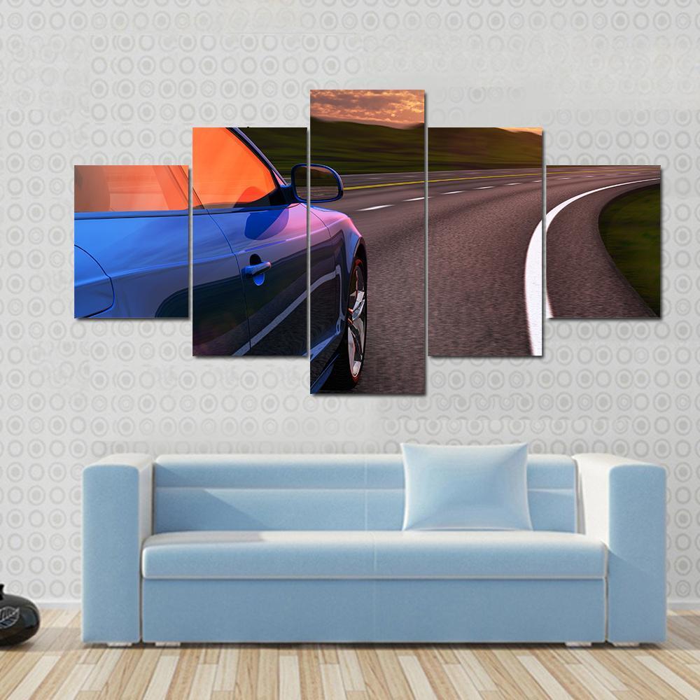 1000x1000 Blue Car Driving By Autobahn In Sunset With Motion Blur Effect - Autobahn Painting