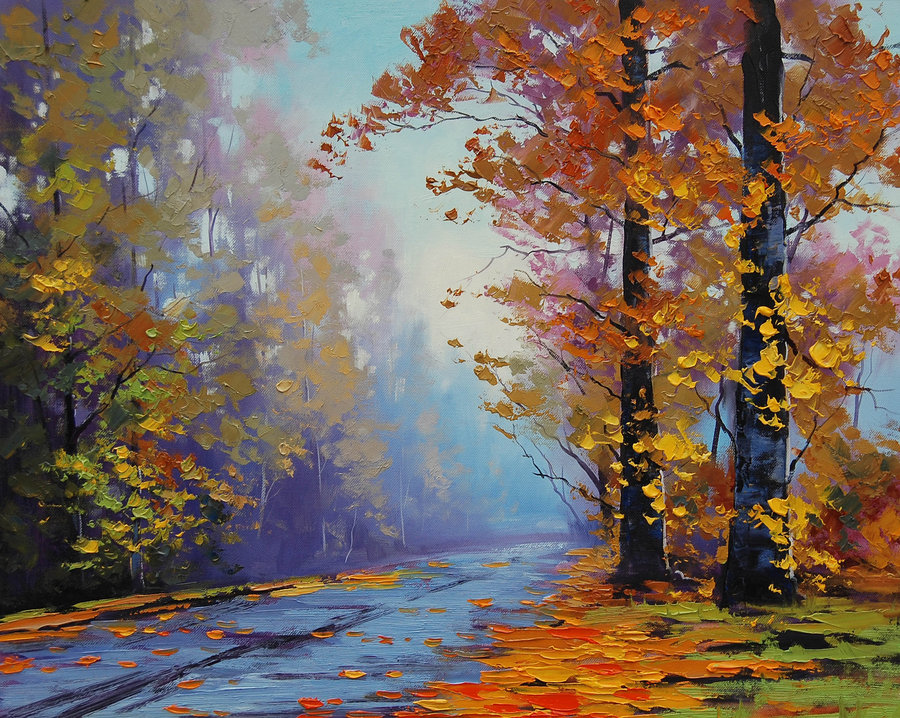 900x718 Autumn Forest Road By Artsaus - Autumn Forest Painting