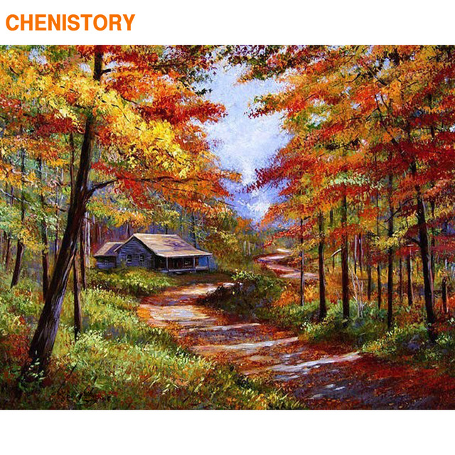 640x640 Chenistory Autumn Forest Landscape Diy Painting By Numbers Kits - Autumn Forest Painting
