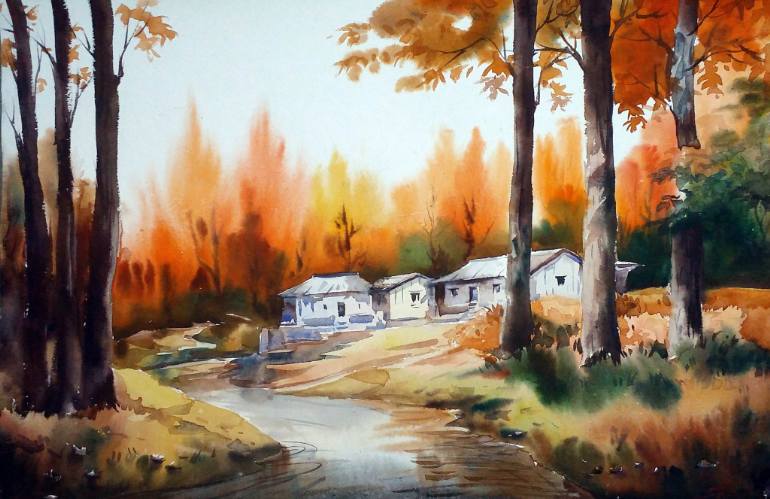 770x499 Saatchi Art Autumn Forest Village Amp River - Autumn Forest Painting