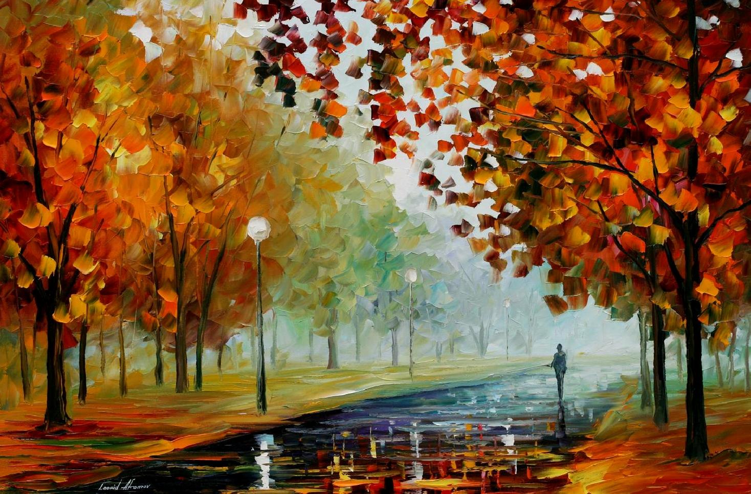1468x965 Foggy Autumn Palette Knife Oil Painting On Canvas By Leonid - Autumn Landscape Painting