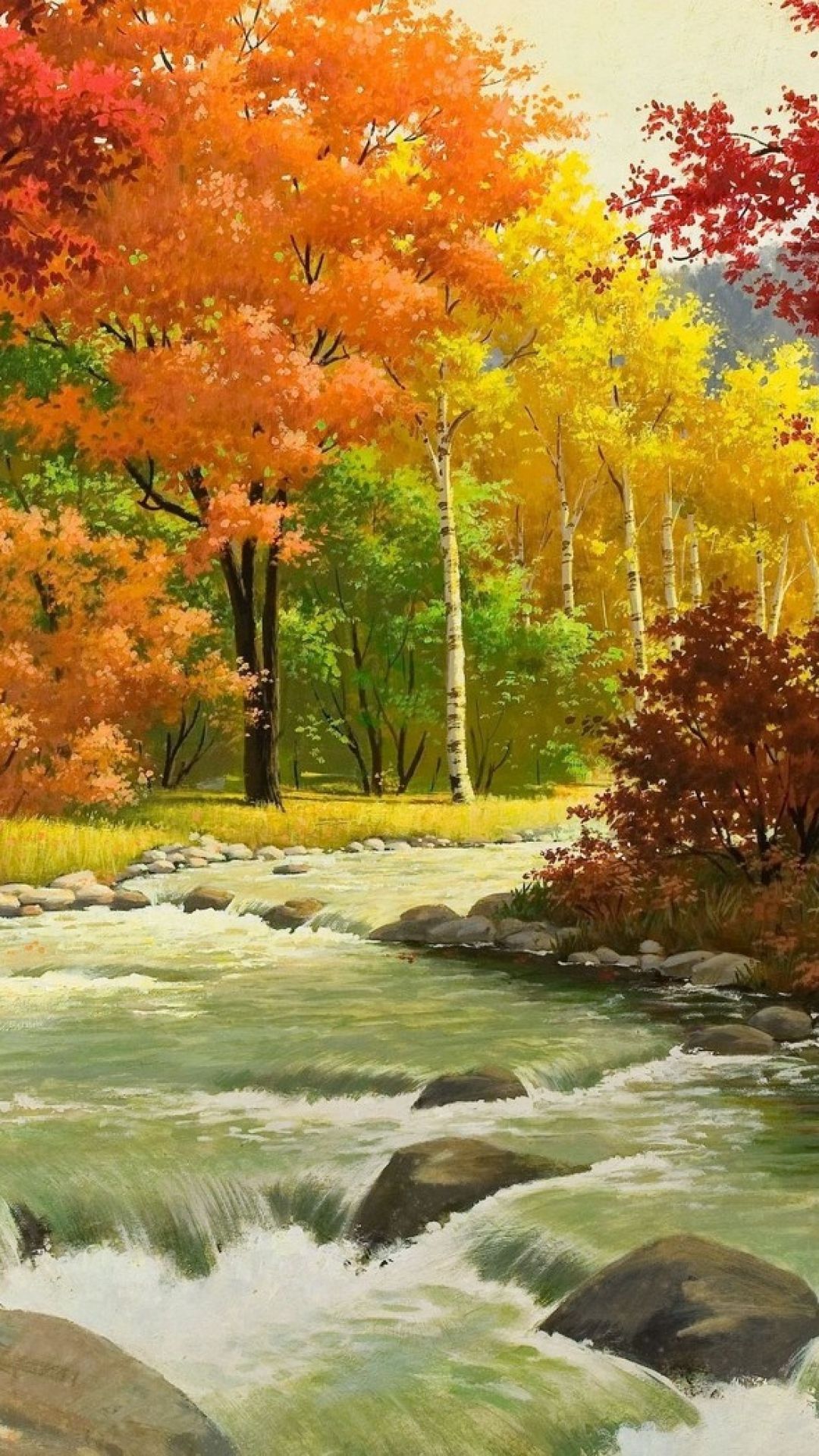 1080x1920 Autumn, Landscape, Painting, River, Wood Art - Autumn Landscape Painting