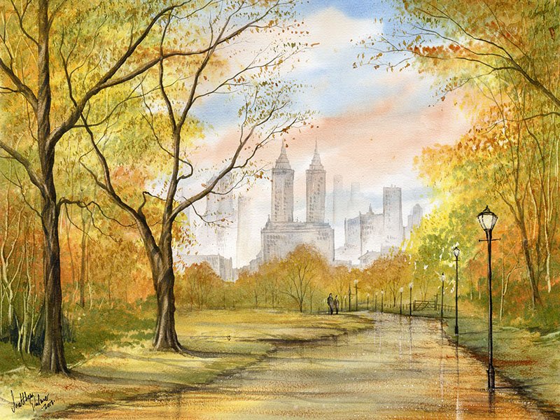 800x600 New York Autumn Scene Watercolour Painting - Autumn Scenes To Painting