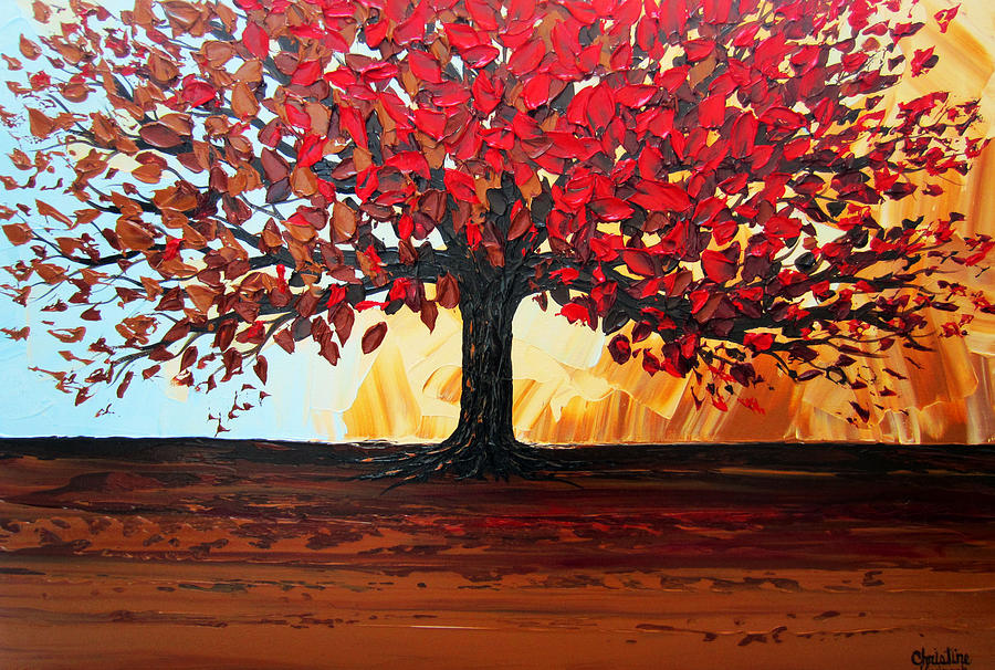 900x606 Red Autumn Tree Of Life Painting By Christine Krainock - Autumn Tree Painting