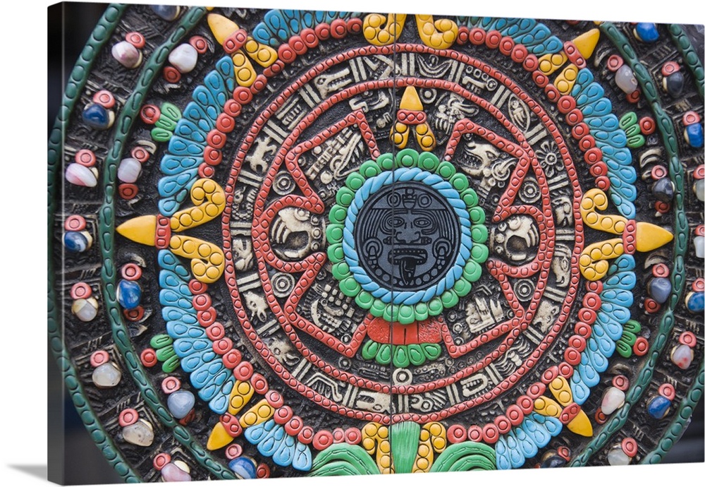 1000x690 Carved And Painted Aztec Calendar Design Wall Art, Canvas Prints - Aztec Art Painting