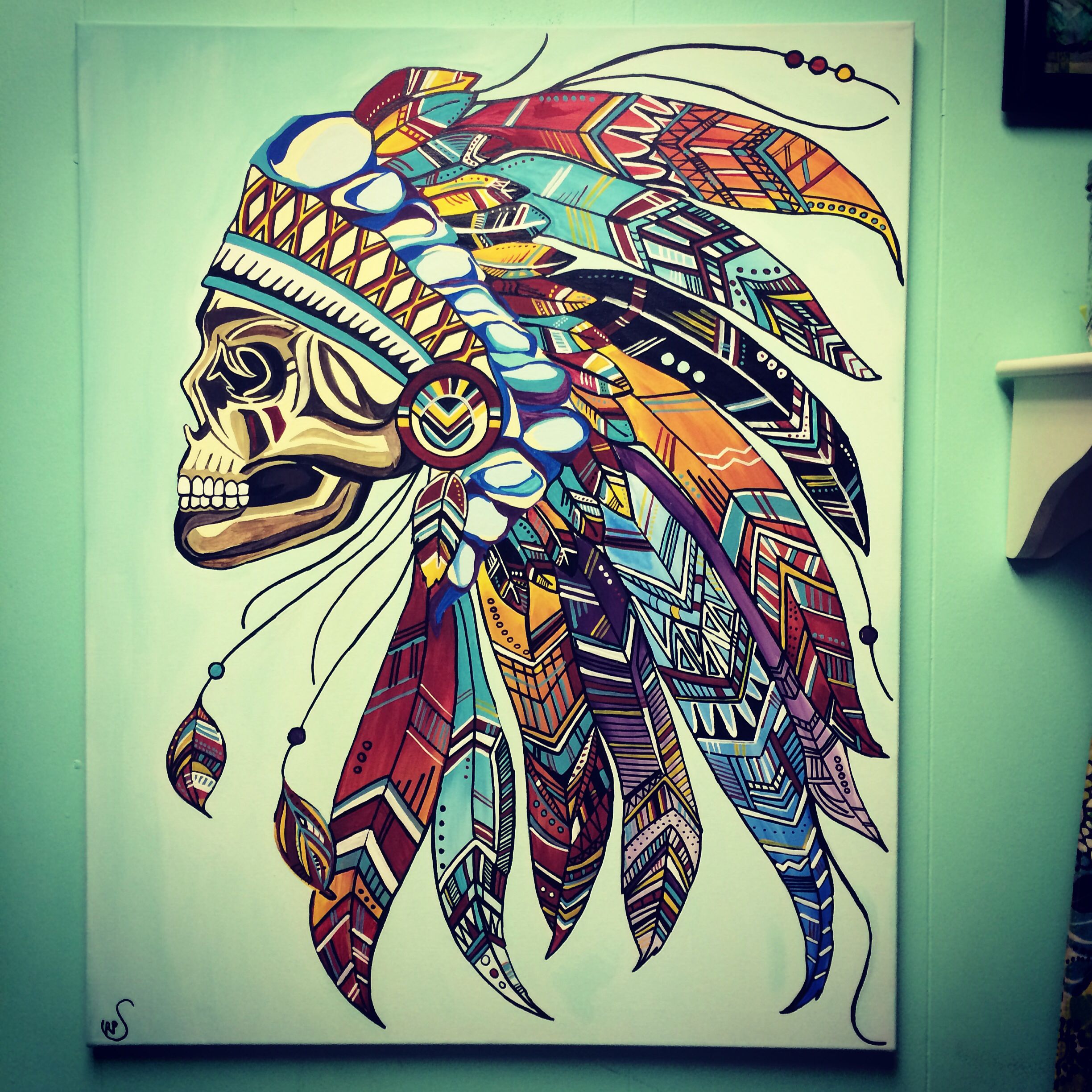 2448x2448 Indian Skull Headdress. Aztec Feathers Beauty Canvas Acrylic Art - Aztec Art Painting