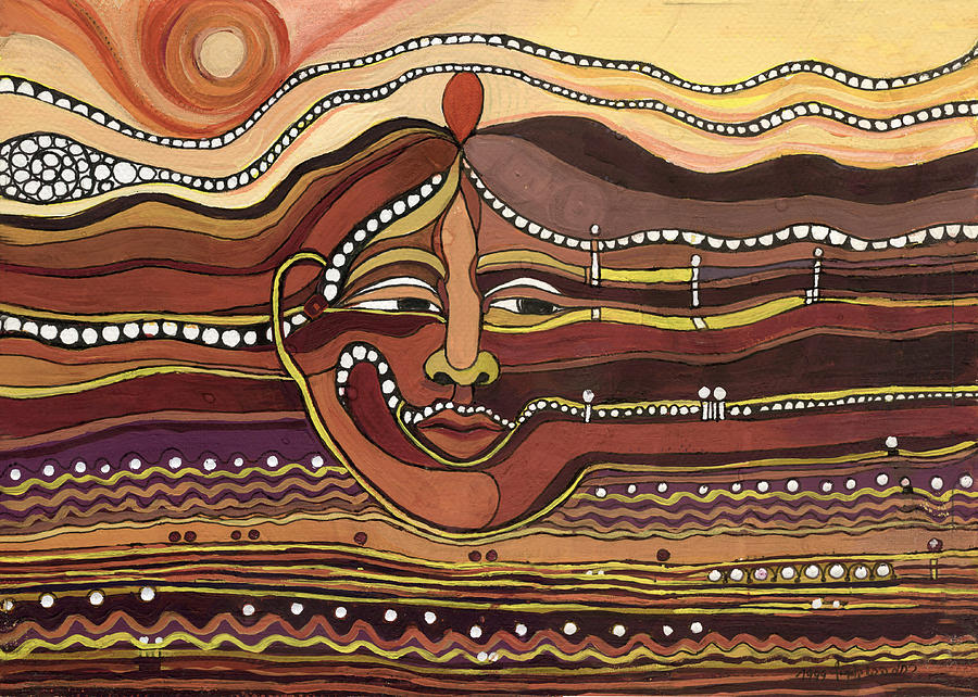 900x642 Red Aztec Face In Nature Landscape Abstract Fantasy With Earth - Aztec Art Painting
