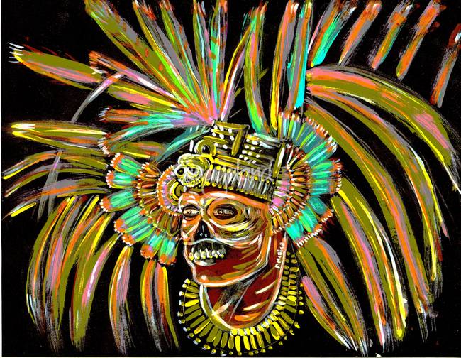 650x504 Aztec Skull Warrior Painting By Americo Salazar - Aztec Painting
