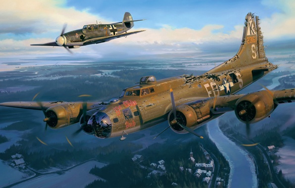 596x380 Wallpaper War, Art, Airplane, Painting, Aviation, B 17, Ww2, Bf - B 17 Painting