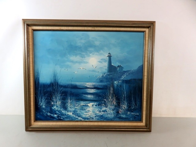 640x480 B Duggan Oil Painting Of Blue Lighthouse Amp Ocean - B Duggan Oil Painting