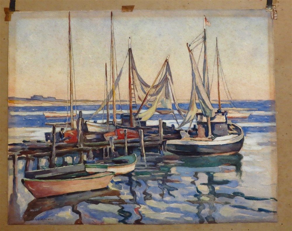 1000x792 George B Mitchell Watercolor Painting Boats At Dock Nj Ct Listed - B Mitchell Painting