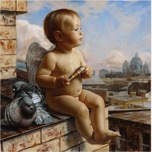 640x637 High Quality Baby Angel Printed Diy Digital Oil Painting By - Baby Angel Painting
