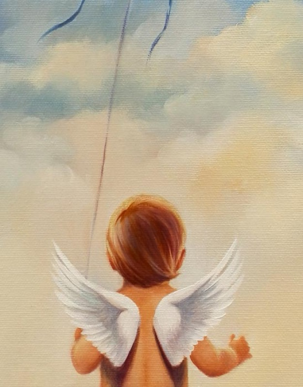 625x799 Original Fantasy Surreal Angel, Rainbow Kite, S - Baby Angel Painting