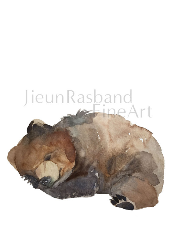 570x798 Sleeping Baby Bear Original Watercolor Fine Art Print, Nursery - Baby Bear Painting
