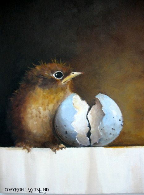 466x631 Robin Egg Painting Original Baby Bird Still Life Art - Baby Bird Painting