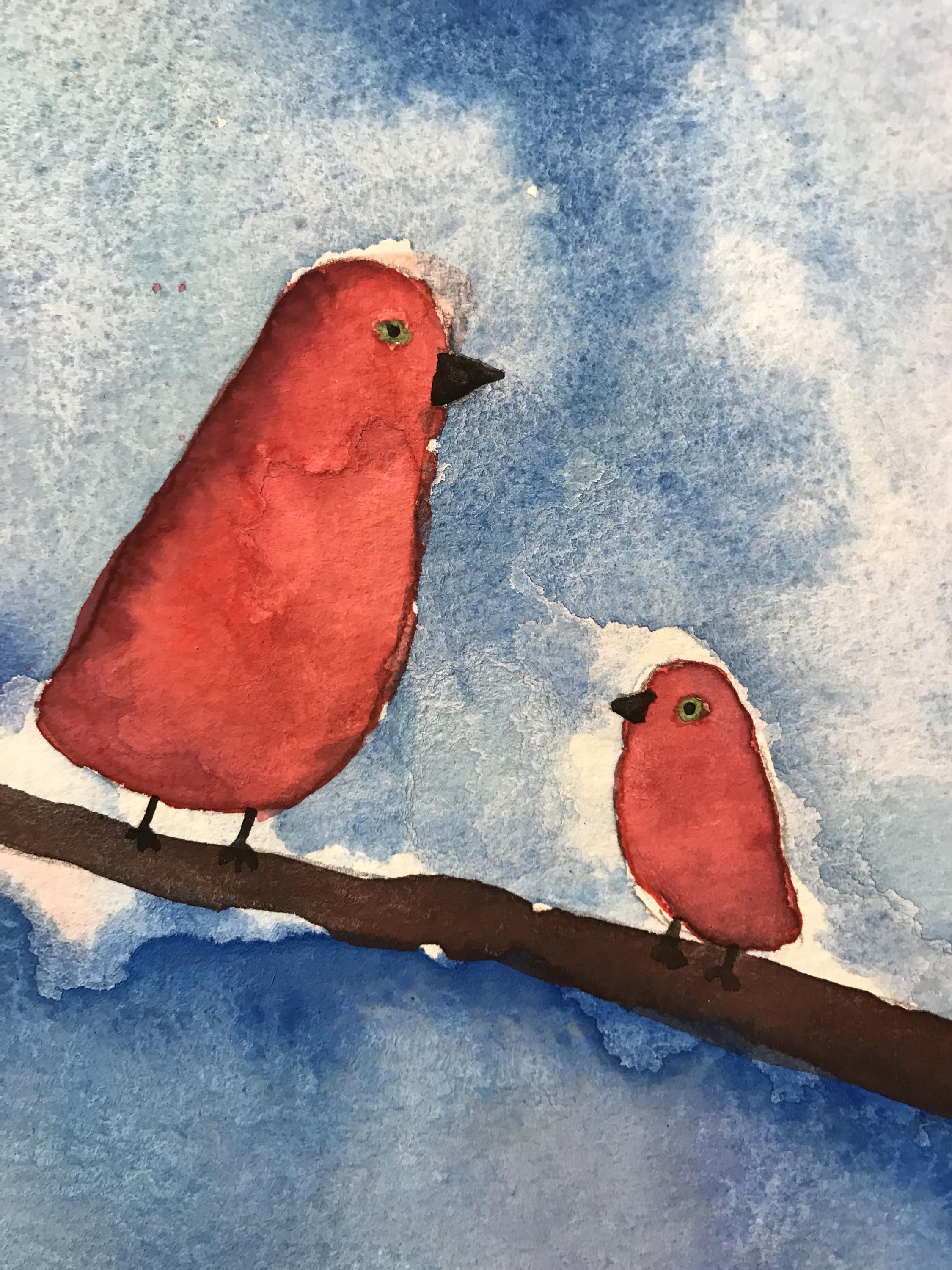 2250x3000 Water Colored Mother And Baby Bird, Watercolor Painted Bird , Red - Baby Bird Painting