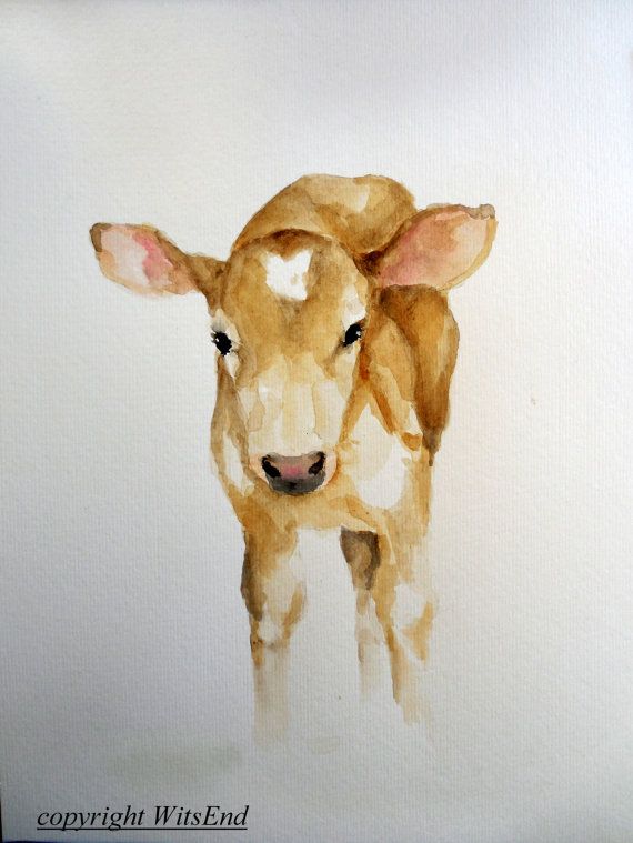 570x759 Baby Cow Painting Original Watercolor Calf Nursery Farm Animal Art - Baby Cow Painting