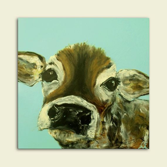 570x570 Baby Cow Art Original Painting Soft Aqua By Contemporaryearthart - Baby Cow Painting