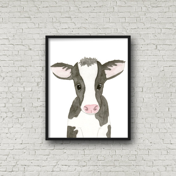 570x570 Cow Watercolor Painting, Baby Cow, Fine Art Print, Home Decor - Baby Cow Painting