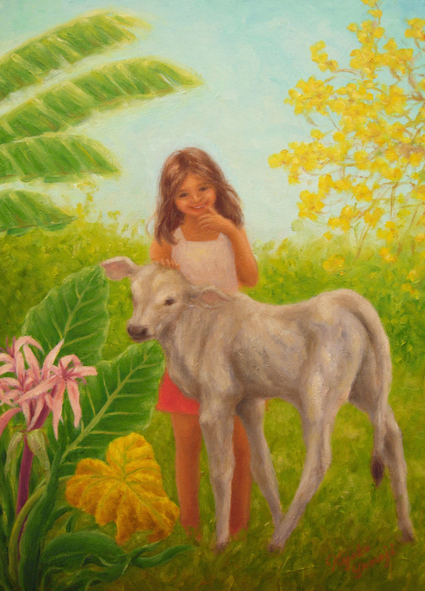 864x1200 Girl And Baby Cow (Kyoko Yamaji) - Baby Cow Painting