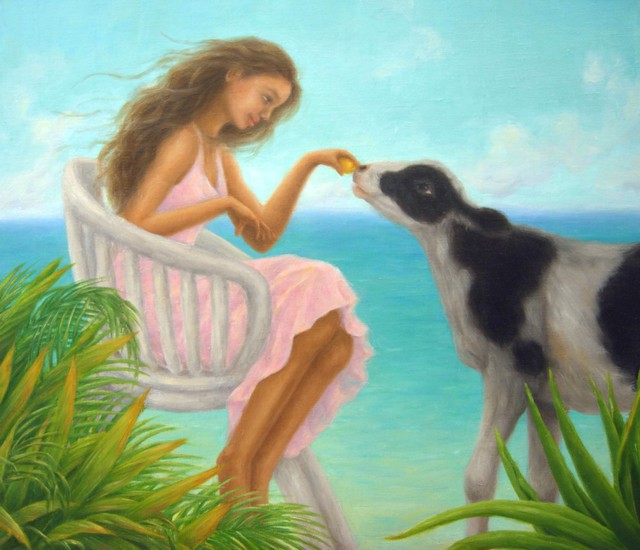 640x550 Kyoko Yamaji Artwork Curious Baby Cow Original Painting Oil - Baby Cow Painting