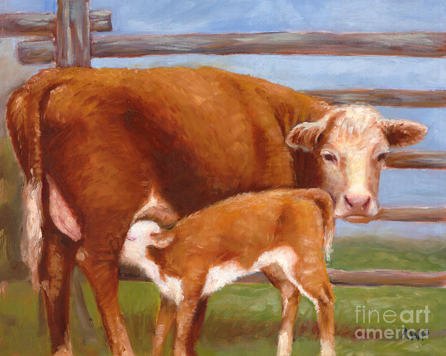 900x720 Mother And Baby Cow Painting By Audrey Peaty - Baby Cow Painting