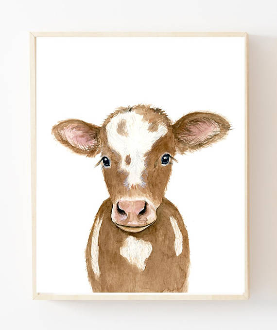 570x677 Watercolor Cow Calf Baby Farm Animals Cow Painting Baby - Baby Cow Painting
