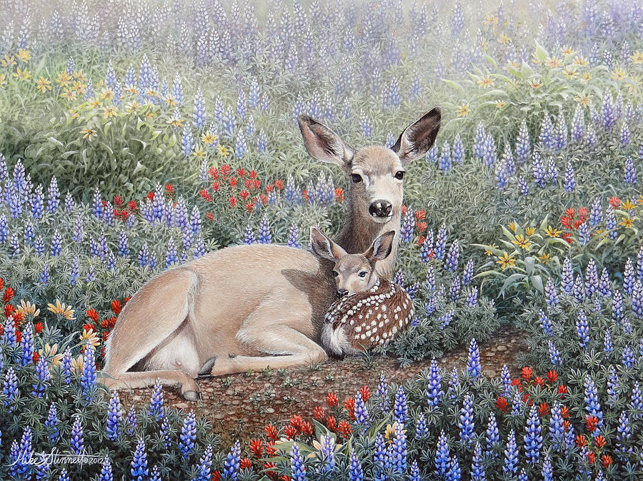 900x674 Flower Bed Painting By Mike Stinnett - Baby Deer Painting