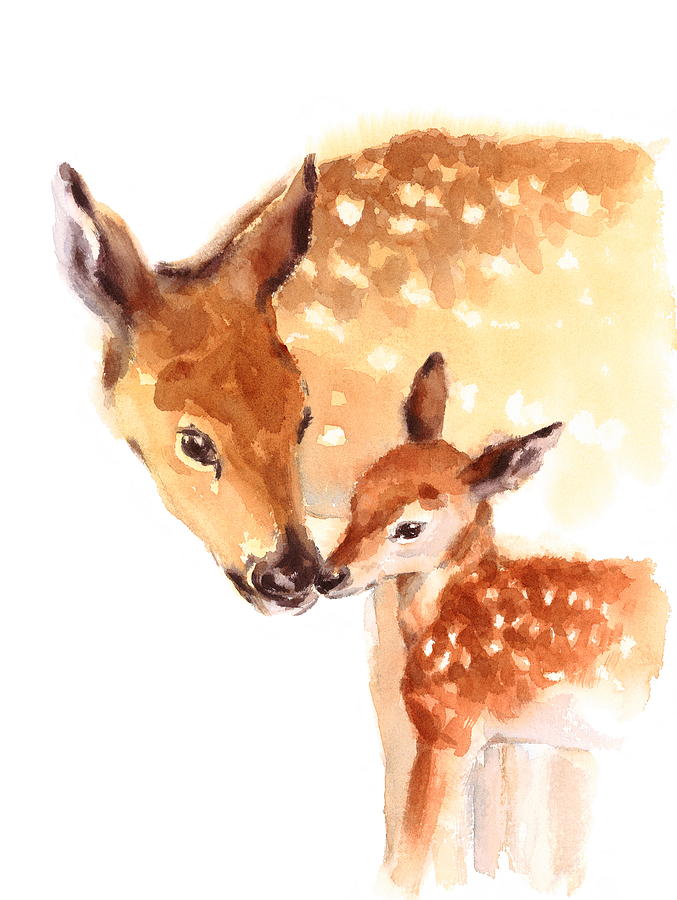 677x900 Mother And Baby Deer Painting By Maria Stezhko - Baby Deer Painting