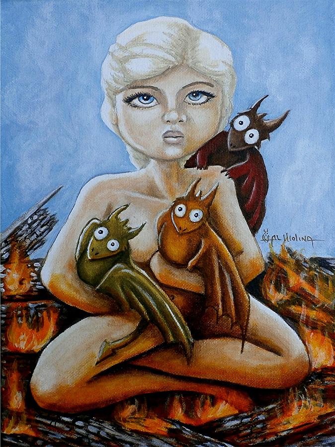 674x900 Little Daenerys And Her Baby Dragons Painting By Al Molina - Baby Dragon Painting