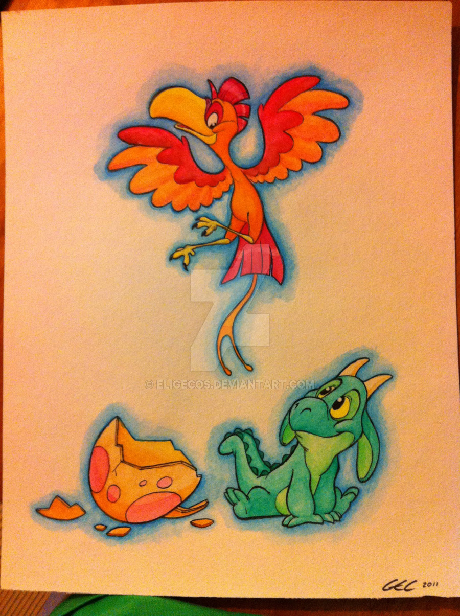 900x1205 Phoenix And The Baby Dragon By Eligecos - Baby Dragon Painting