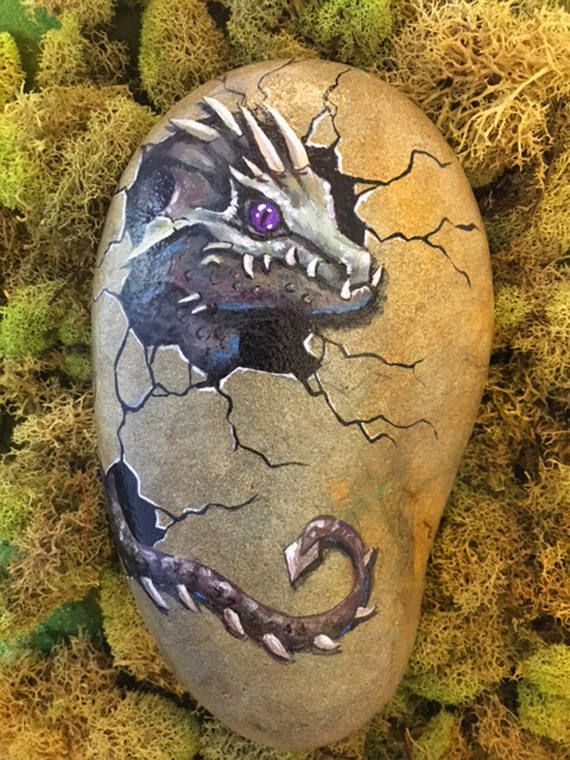 570x760 This Hand Painted Rock Of A Baby Dragon Coming Out Of Its Egg Is - Baby Dragon Painting