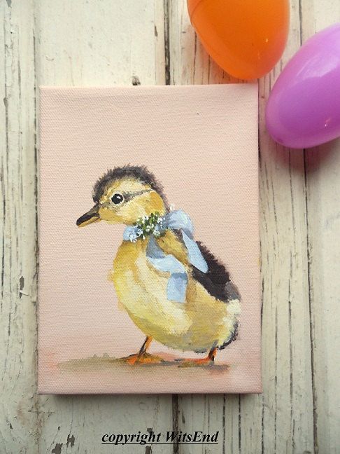 486x648 Baby Duck Painting Original Still Life Bird Flower Bow Spring - Baby Duck Painting
