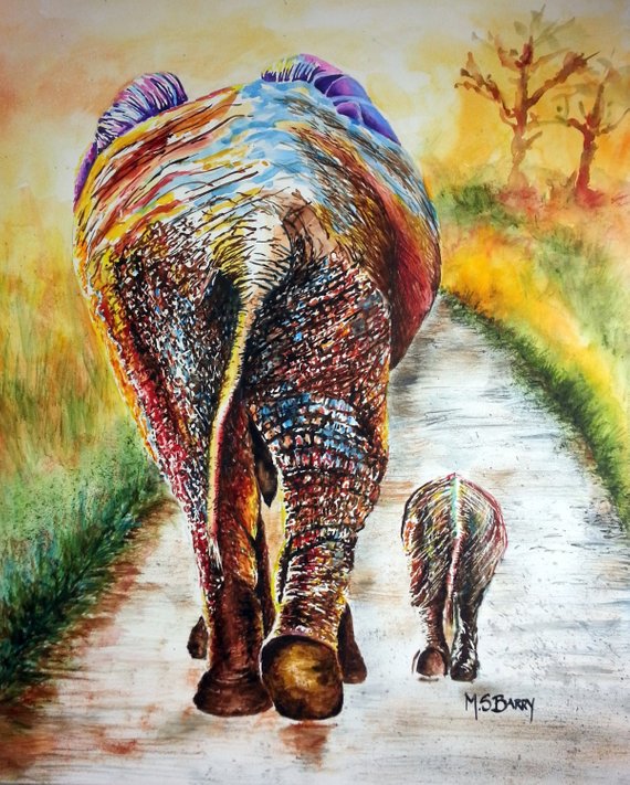 570x711 Elephant Painting Of Mother And Baby Elephant. Watercolor - Baby Elephant Painting