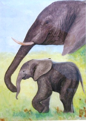 288x404 Mother And Baby Elephant - Baby Elephant Painting