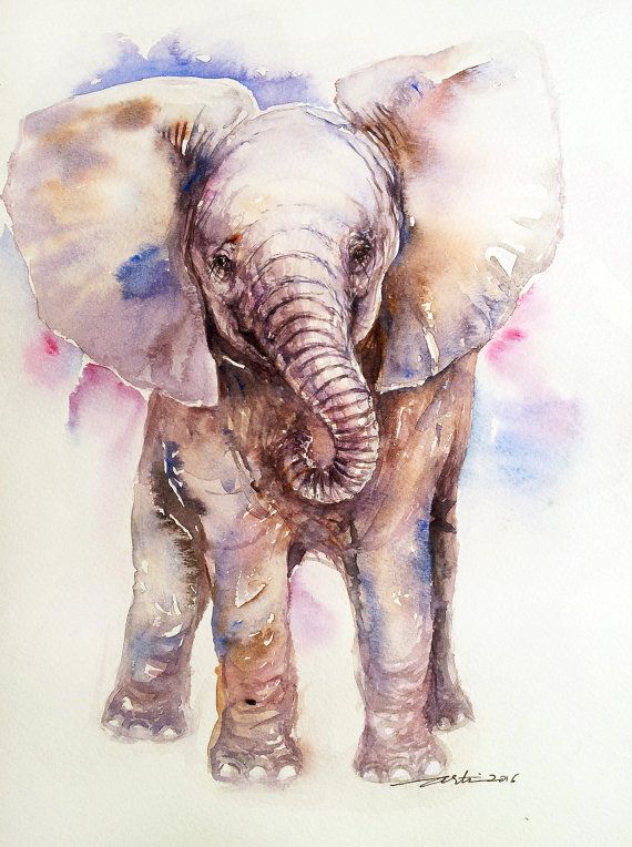 570x764 Baby Elephant Original Watercolor Painting Wall Art Handmade - Baby Elephant Painting