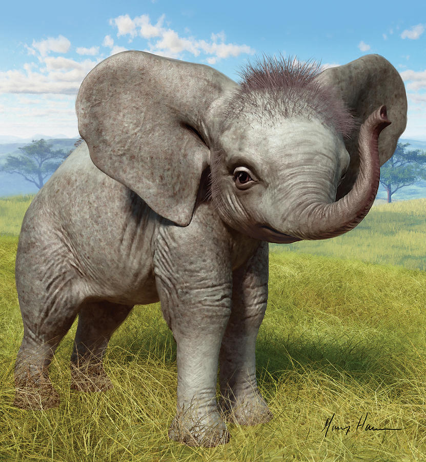 831x900 Baby Elephant Painting By Gary Hanna - Baby Elephant Painting